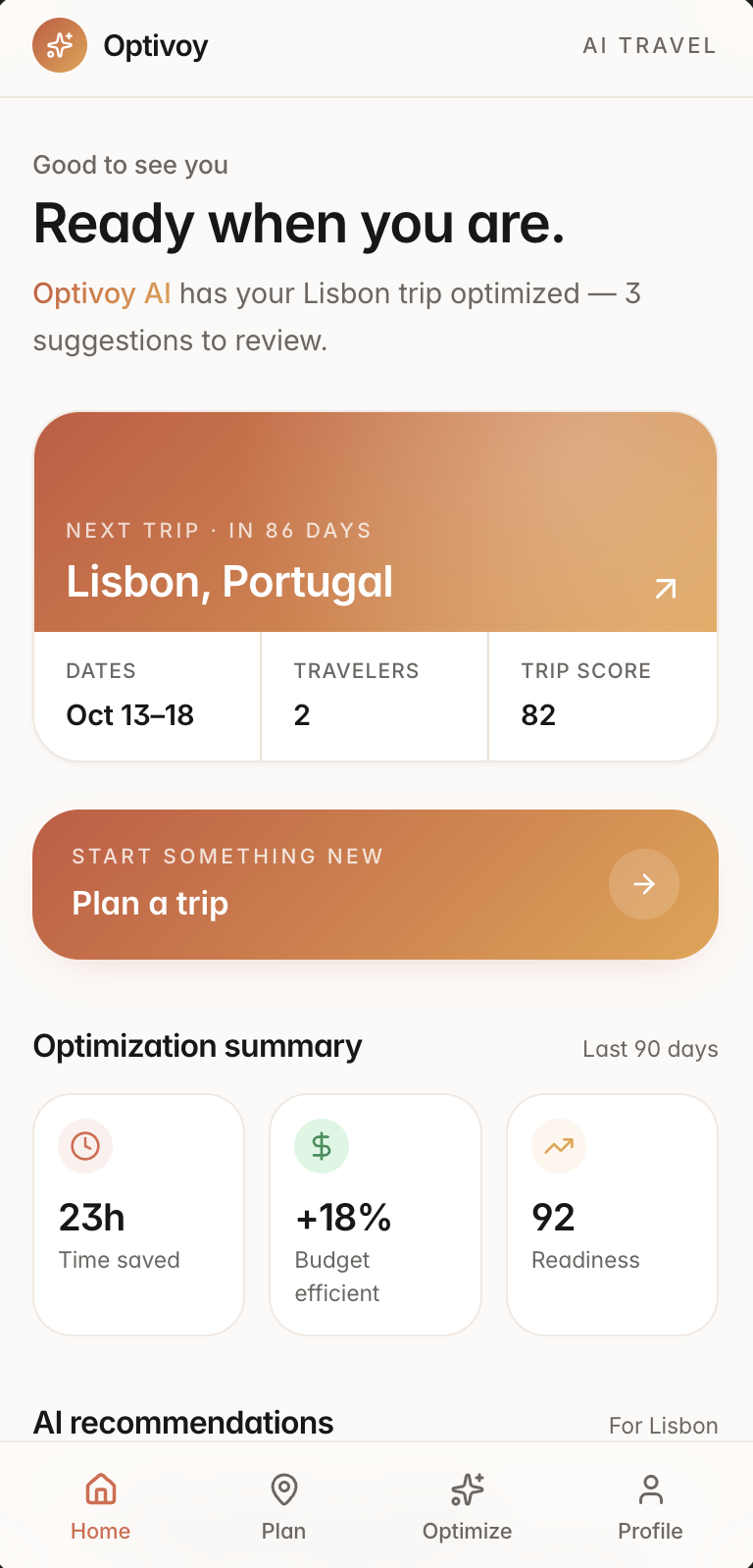Optivoy home: greeting Ready when you are, a Lisbon next-trip card with dates, travelers and trip score, a Plan a trip action, and an optimization summary showing 23h saved, +18% budget efficiency, 92 readiness